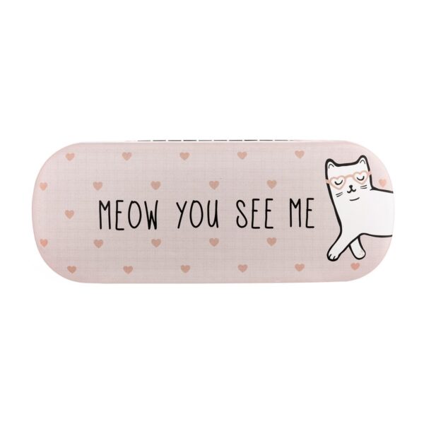 Whether it's for your sunglasses or reading glasses, this Cutie Cat (Meow You See Me) Glasses Case from the Sass & Belle collection protects your glasses when they're not being worn. The glasses case features a print of a cat wearing heart-shaped glasses and lots of hearts. The glasses case features a fun text on the front and back, and you also get a cleaning cloth. The color of the glasses case is a soft dusty pink with black text. The dimensions of this cute glasses case are: L 6.3 x W 16 x H 3.8 cm A fun accessory for storing your glasses.