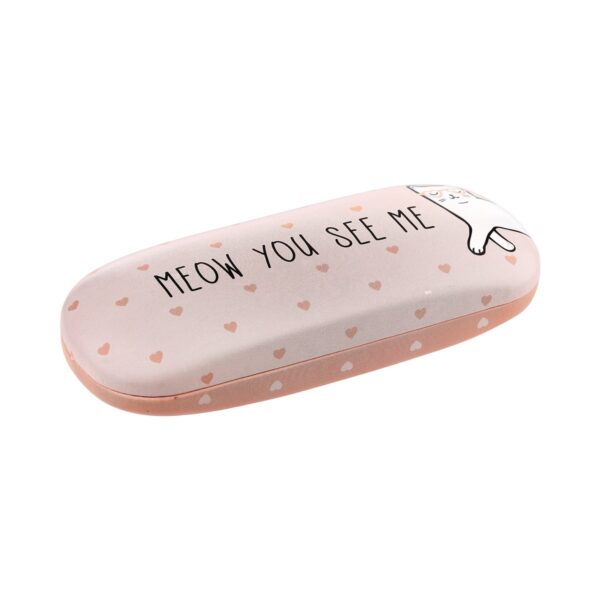 Whether it's for your sunglasses or reading glasses, this Cutie Cat (Meow You See Me) Glasses Case from the Sass & Belle collection protects your glasses when they're not being worn. The glasses case features a print of a cat wearing heart-shaped glasses and lots of hearts. The glasses case features a fun text on the front and back, and you also get a cleaning cloth. The color of the glasses case is a soft dusty pink with black text. The dimensions of this cute glasses case are: L 6.3 x W 16 x H 3.8 cm A fun accessory for storing your glasses.